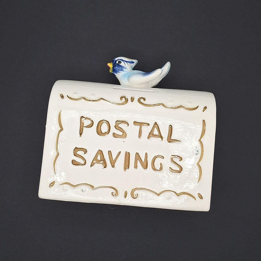 Vintage Ceramic Postal Savings bank Box with Bluebird